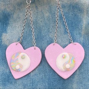 90s retro pastel pink Lisa frank inspired rainbow yin and Yang heart earrings